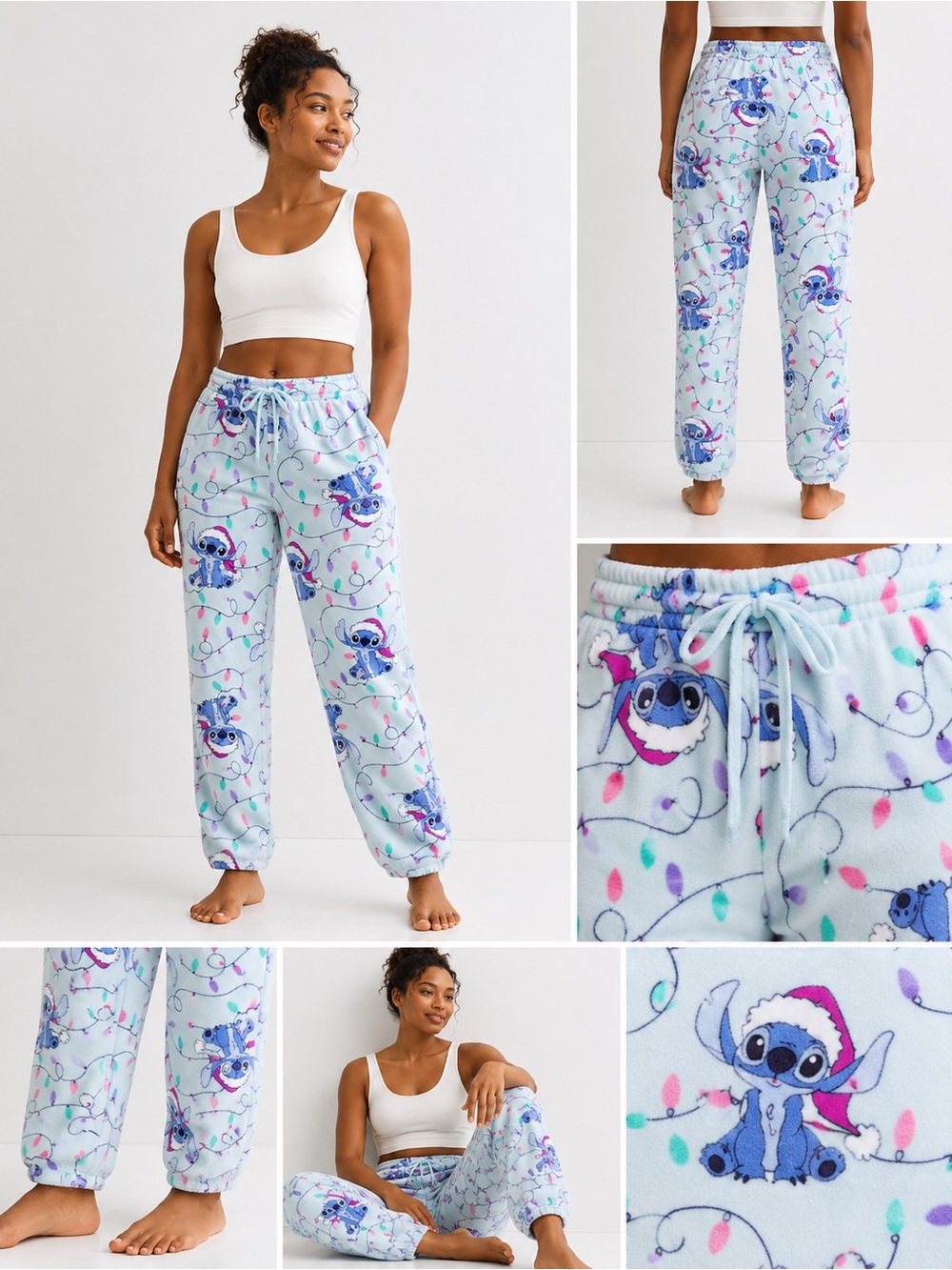 New Disney Light Blue Stitch Holiday Fleece Pants with Multicolor Lights
